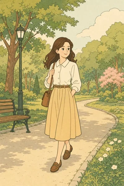 빈티지 공원 산책 소녀 일러스트 AI 프롬프트 미리보기