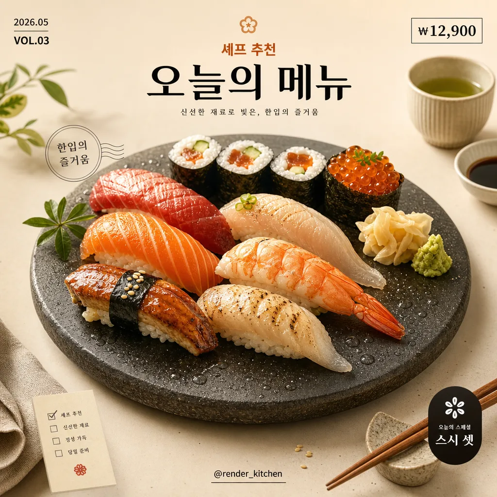 3D 음식 렌더 (스시·피자·디저트) Prompt preview