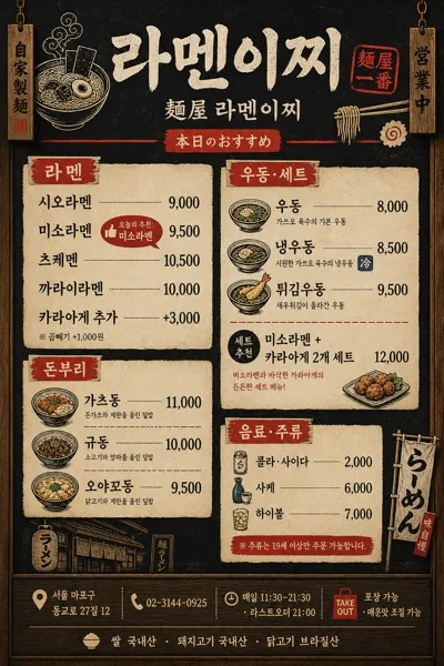 한국 라멘·일식점 메뉴판 (블랙+우드) Prompt preview
