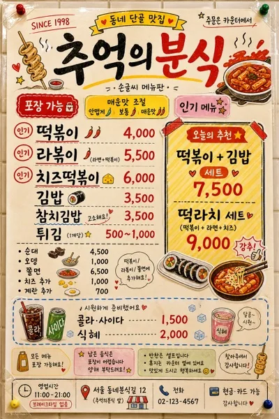 한국 분식집 메뉴판 (알록달록 손글씨) 프롬프트 미리보기