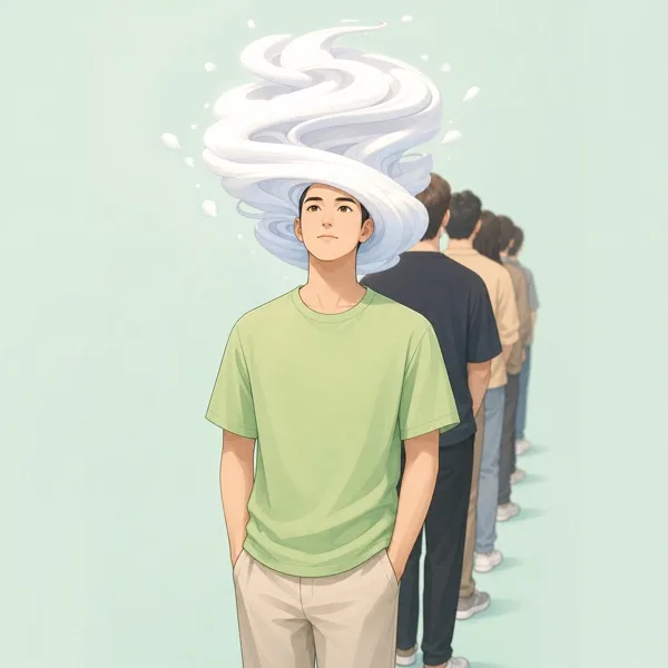초록 티셔츠와 흰 소용돌이의 초현실 캐릭터 일러스트 AI 프롬프트 미리보기
