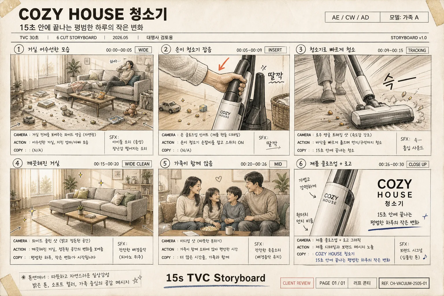 TV 광고 6컷 스토리보드 提示詞預覽