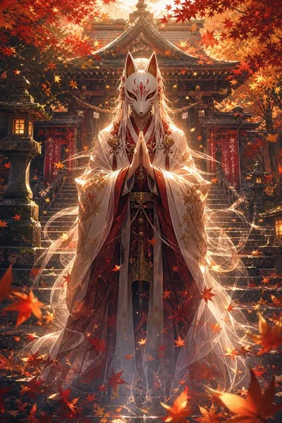 여우 가면 사제와 가을 신사 포스터 AI 프롬프트 미리보기