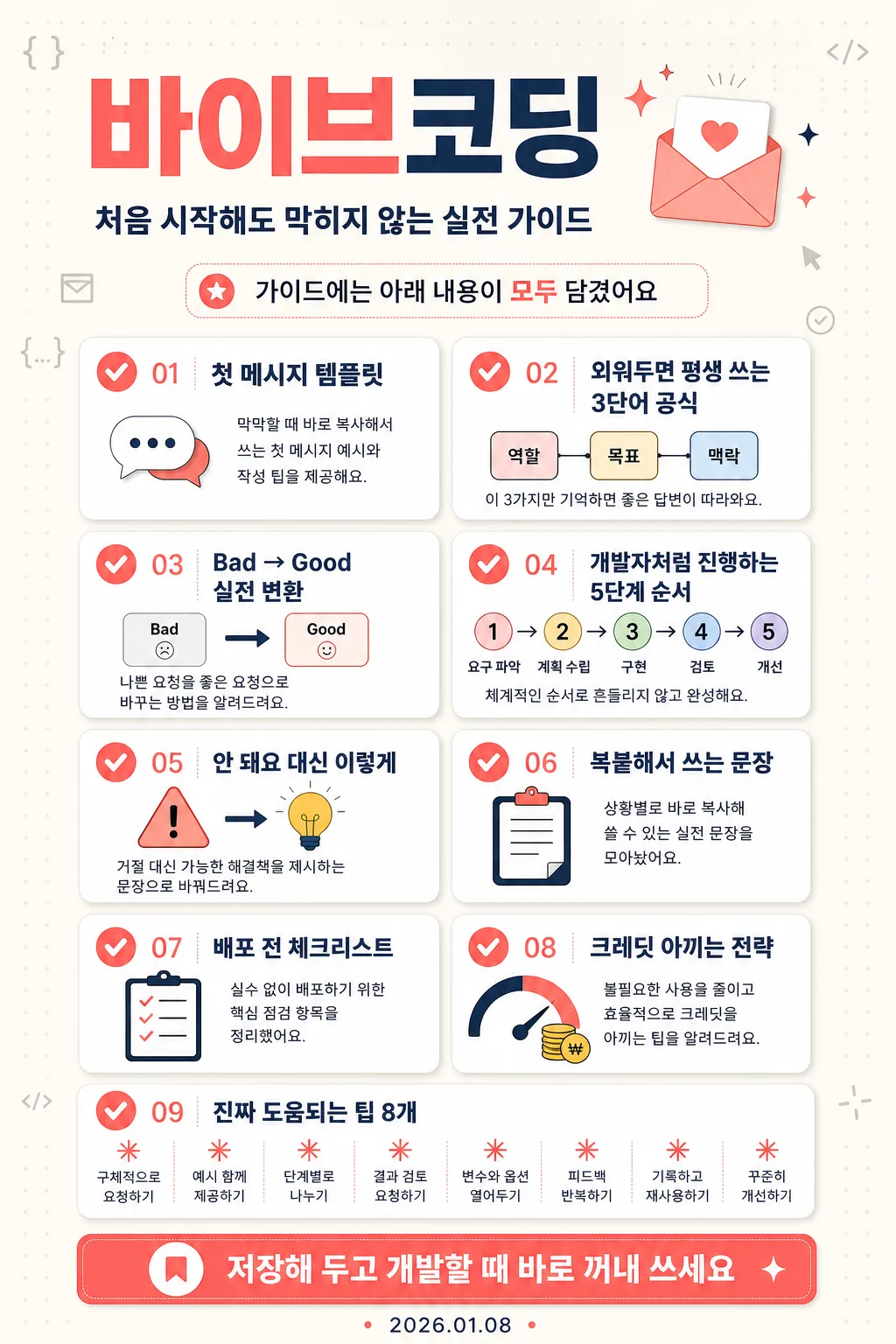 바이브코딩 초보 가이드 체크리스트 세로형 인포그래픽 포스터 프롬프트 미리보기