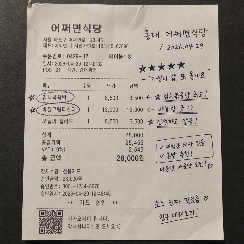 영수증 후기 손글씨 메모 미리보기