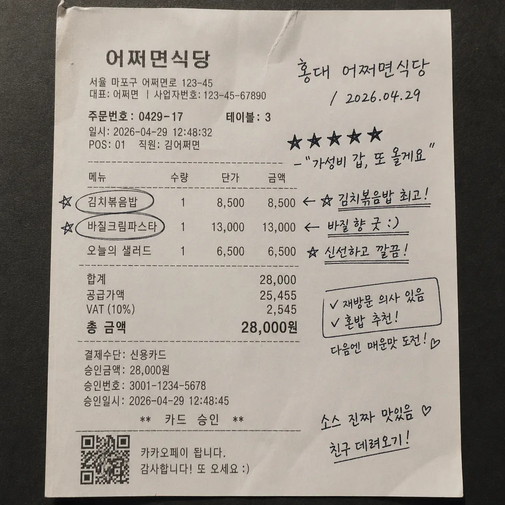 영수증 후기 손글씨 메모 Prompt preview