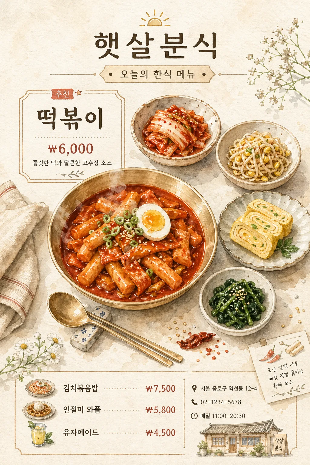 수채 음식 일러스트 (한식·디저트·카페 메뉴) プロンプトのプレビュー