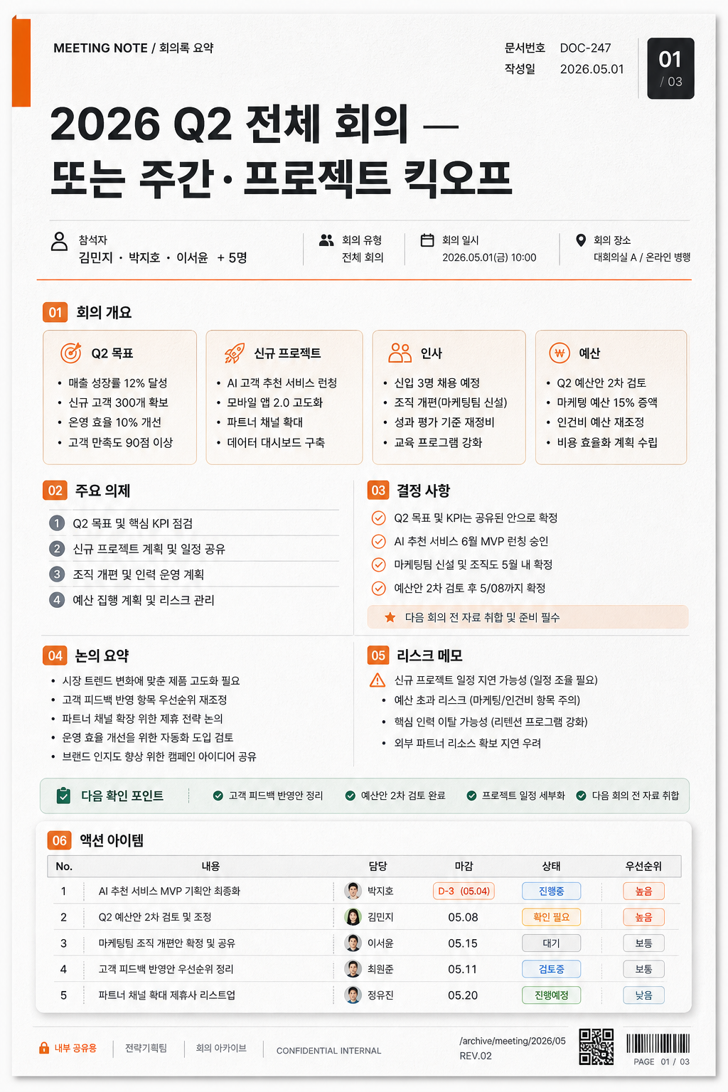 회의록 표지·요약 카드 미리보기