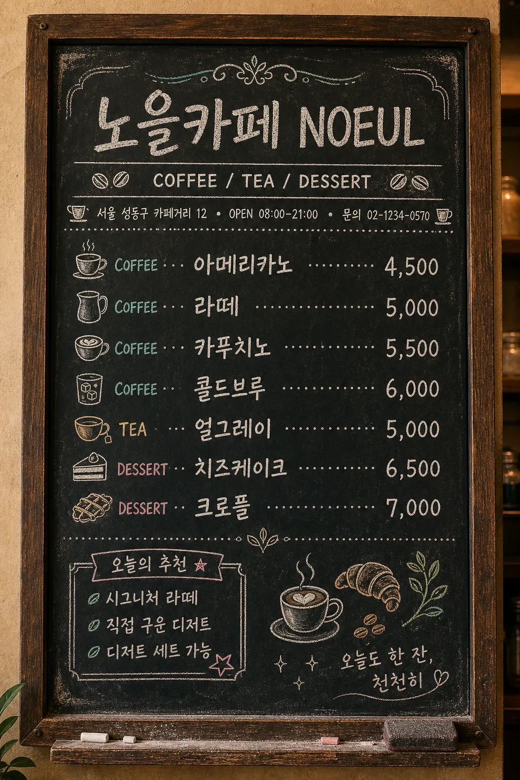 카페 칠판 메뉴판 プロンプトのプレビュー