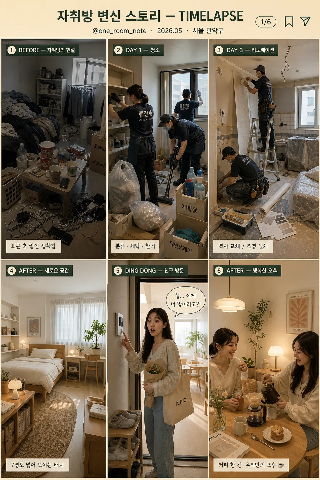 자취방 비포애프터 6컷 스토리 Prompt preview