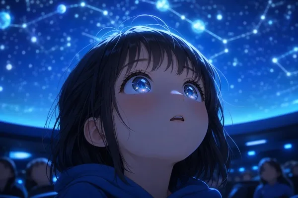 별자리 화면을 올려다보는 학생 클로즈업 일러스트 AI 프롬프트 미리보기