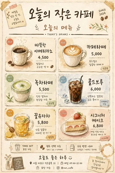 카페 손그림 일러스트 메뉴판 AI 프롬프트 미리보기