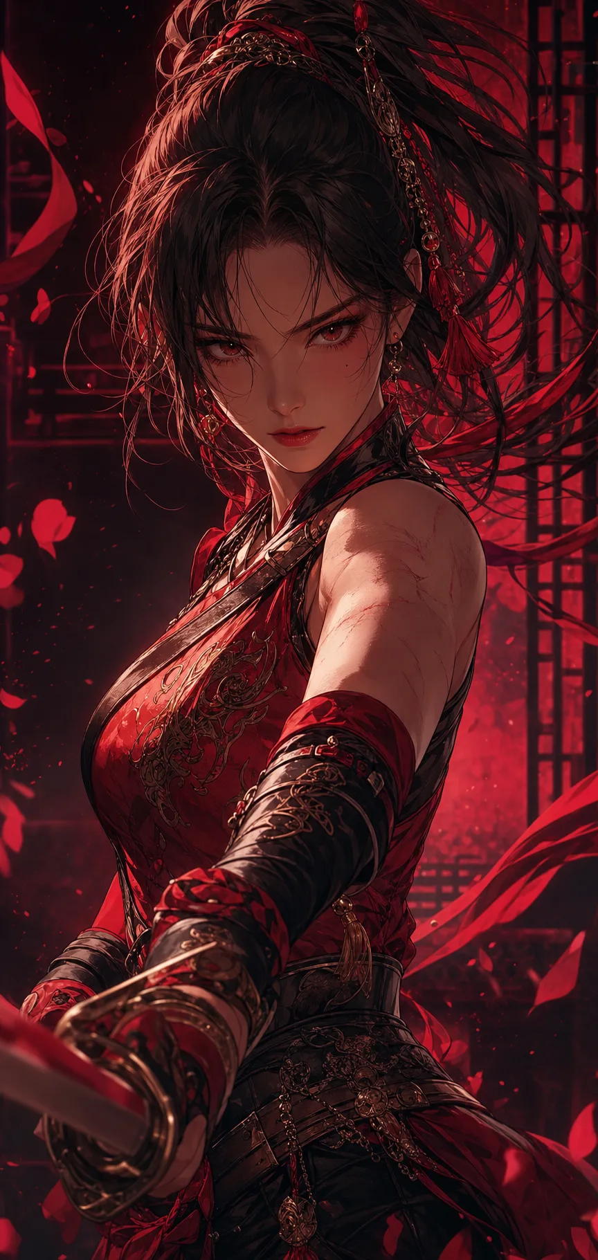 붉은 동양풍 무예 캐릭터 초상 일러스트 프롬프트 미리보기