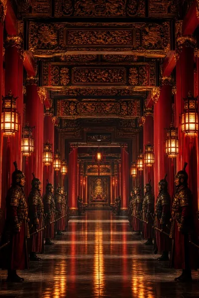 붉은 황금빛 동양 궁전 복도 감시 장면 AI 프롬프트 미리보기