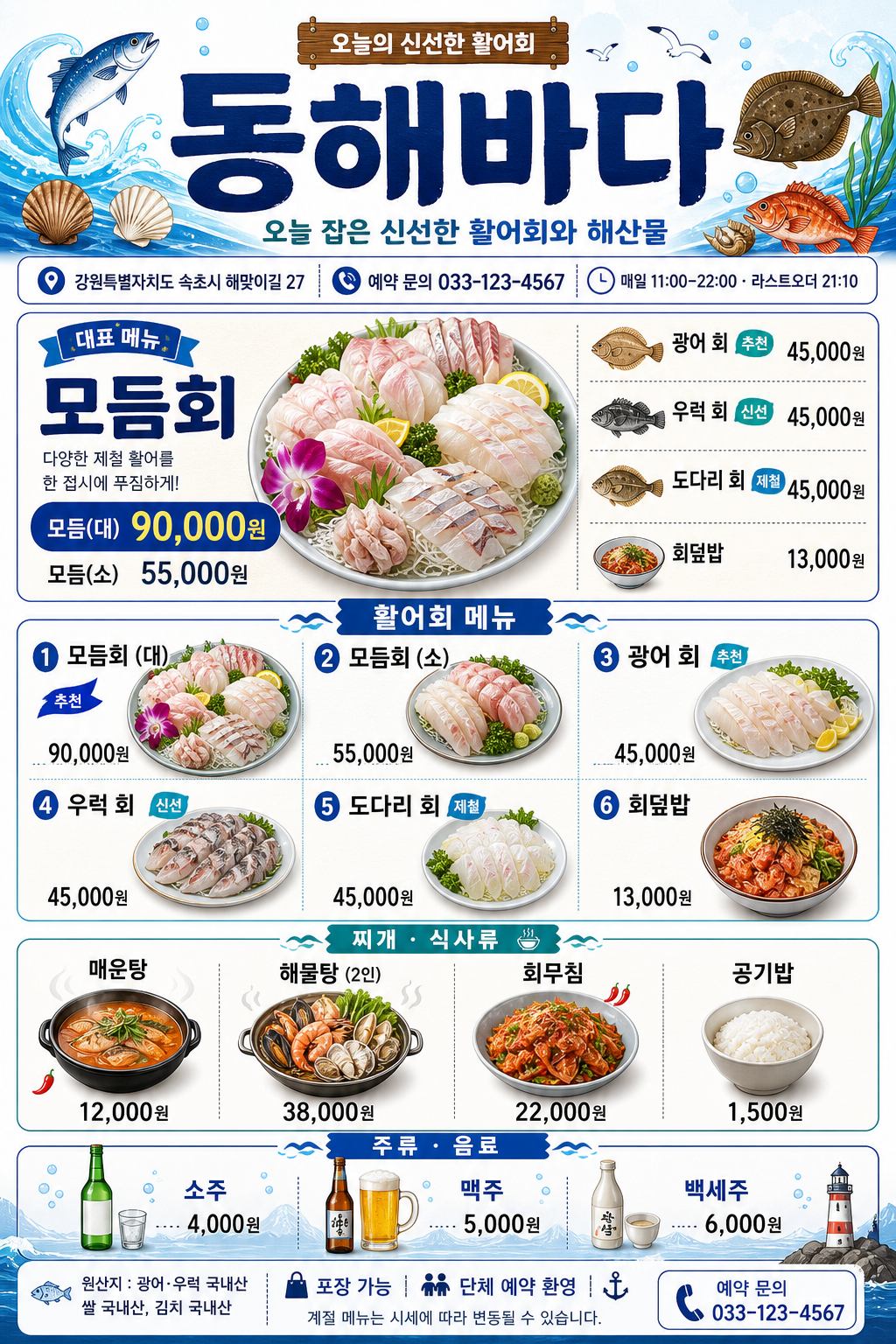 한국 횟집·해산물 메뉴판 (블루+바다) 미리보기