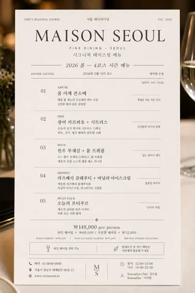 모던 미슐랭 코스 메뉴 카드 AI 프롬프트 미리보기