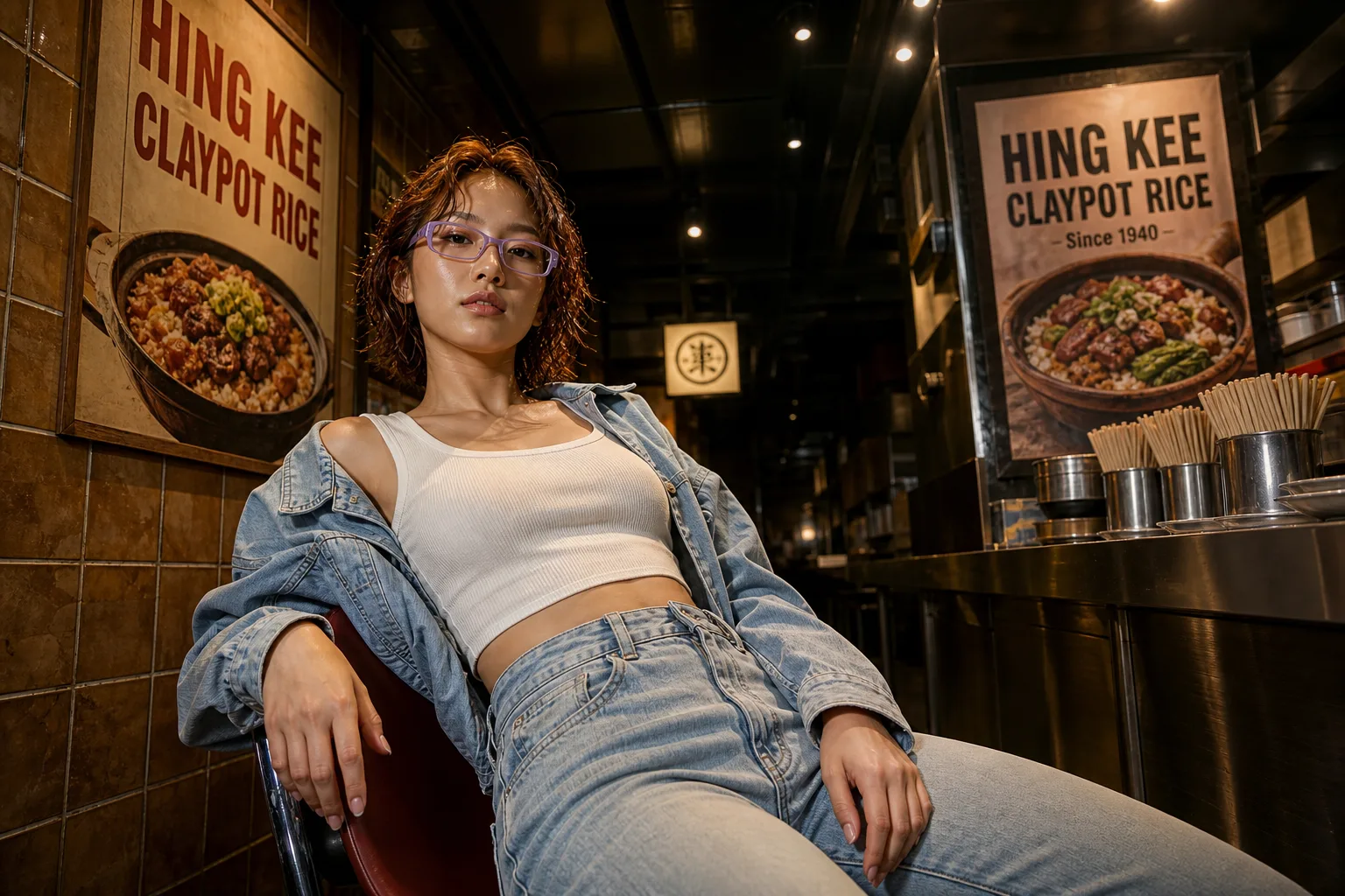 홍콩식 뚝배기밥 식당의 시네마틱 로우앵글 패션 인물 사진 프롬프트 미리보기