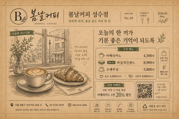 매장 테이블 매트 디자인 (1회용·재활용) AI 프롬프트 미리보기