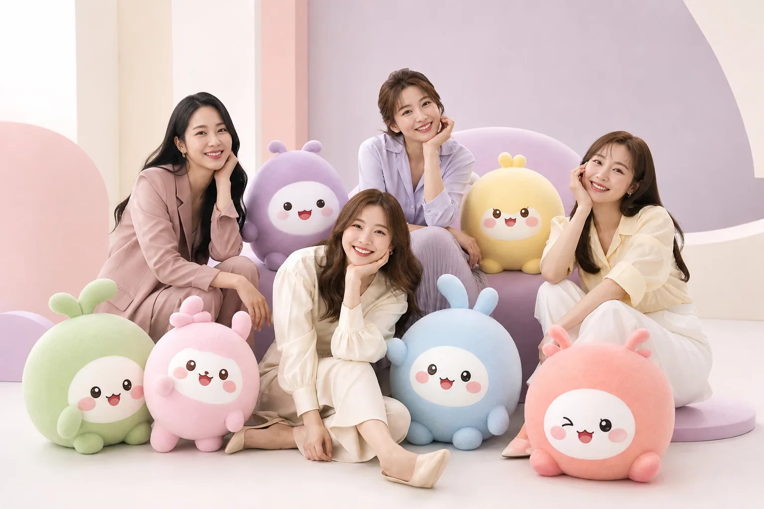 파스텔 마스코트와 성인 여성의 3D 캐릭터 화보 미리보기